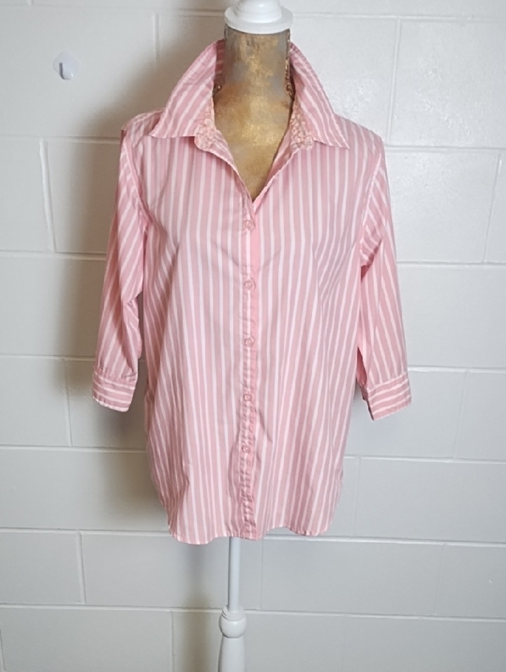 Pink & White Vertical Stripe Button-Front Shirt Foral contrast 3/4 sleeve
